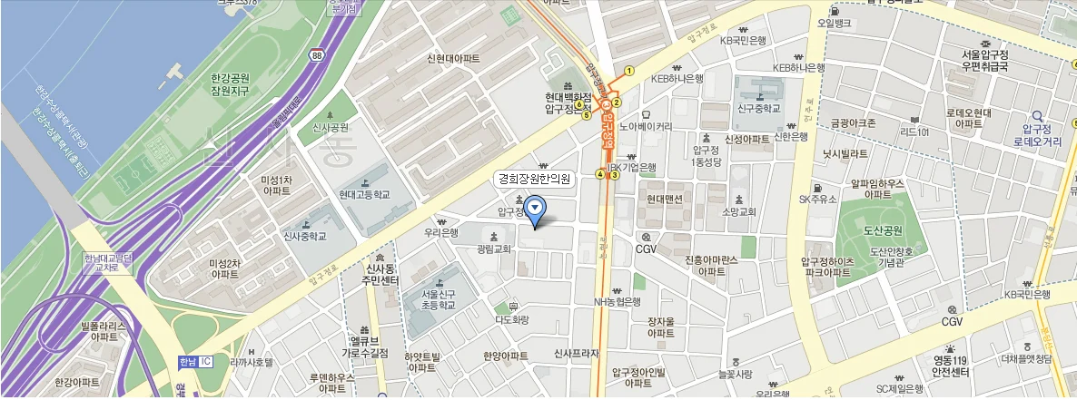 압구정역 4번 출구에서 경희장원한의원까지 위치 지도