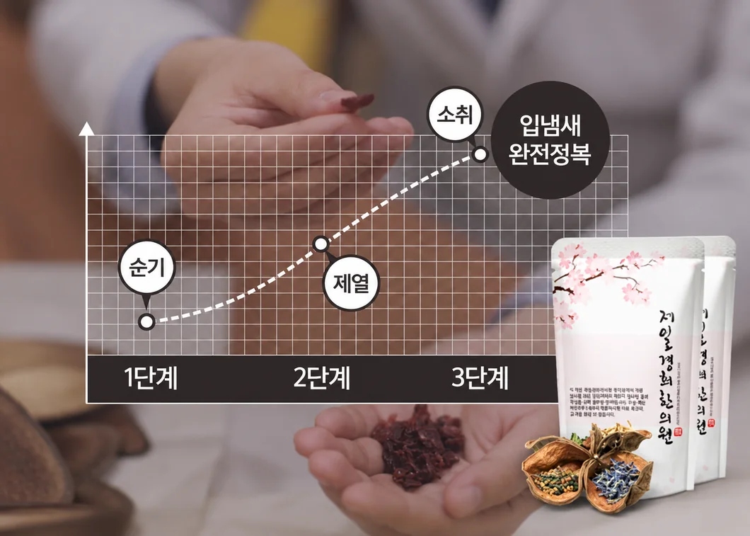 1단계 순기, 2단계 제열, 3단계 소취를 거쳐 입냄새 완전정복에 이르는 상승 그래프와 제일경희한의원 산취탕 파우치